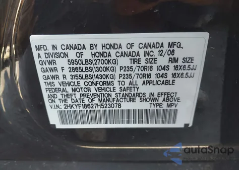2007 Honda Pilot Ex-L z USA, uszkodzony, nr VIN 2HKYF18627H523078
